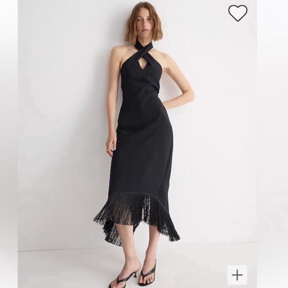 J.Crew Collection Black Crepe Halter Fringe Hem Midi Dress Size 0 NWT